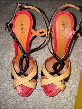 Twisted Red, Black & Tan Strappy High-Heel Sandals